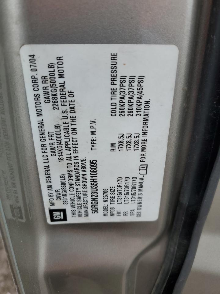 2005 Hummer H2 VIN: 5GRGN23U35H108095 Lot: 38098514