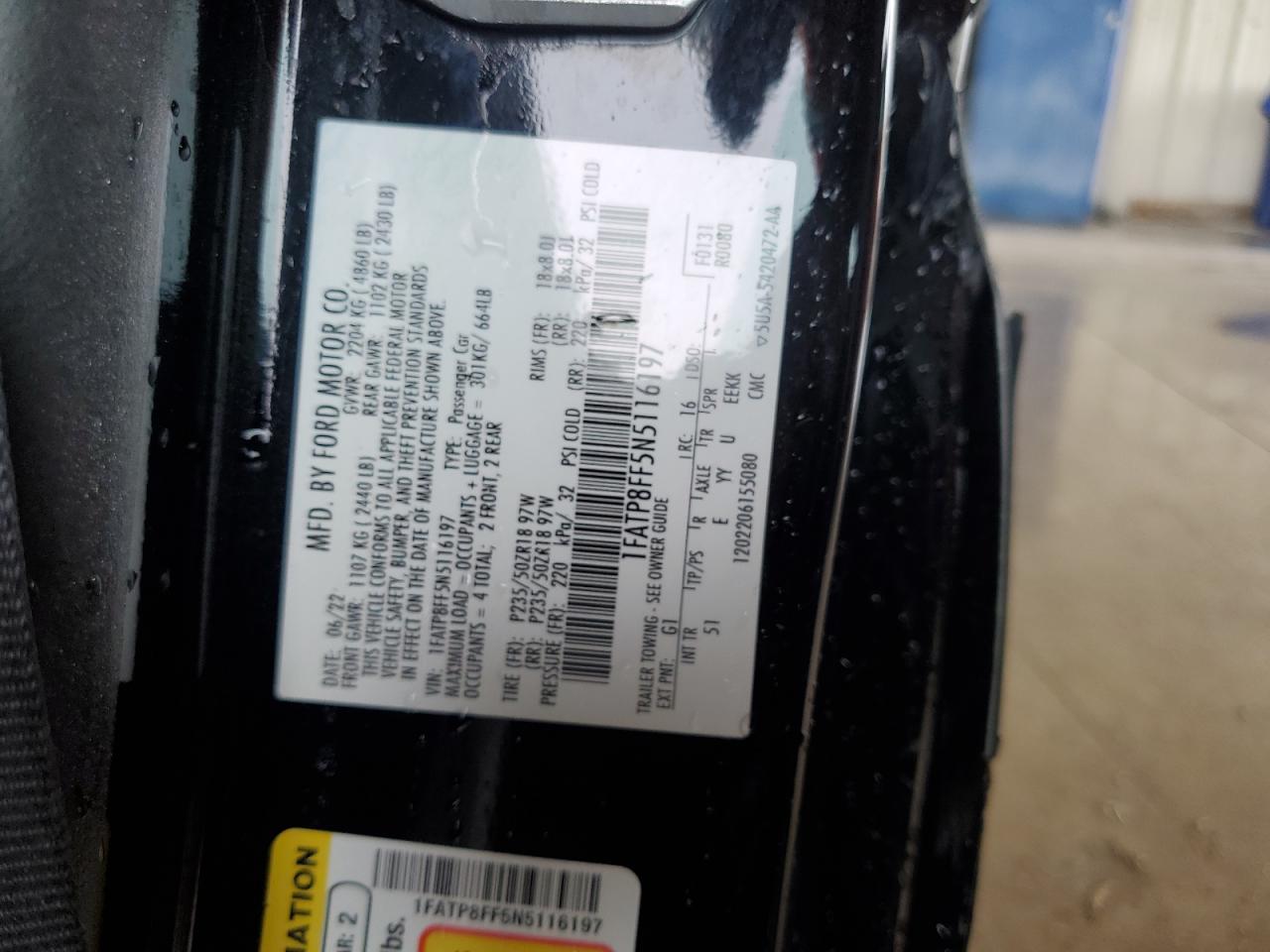 2022 Ford Mustang Gt VIN: 1FATP8FF5N5116197 Lot: 39293584