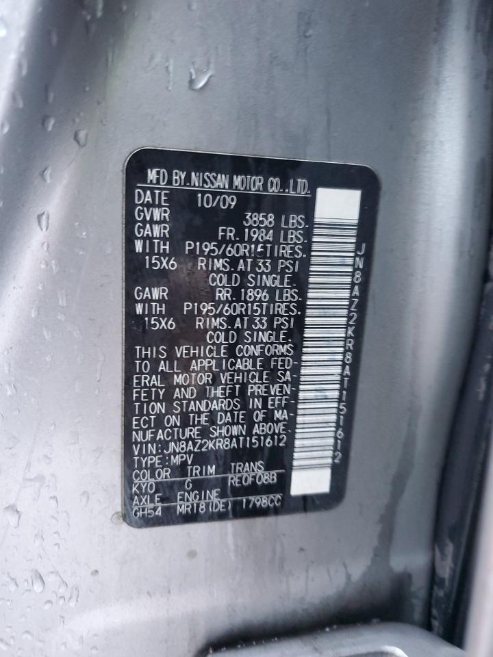 2010 Nissan Cube Base VIN: JN8AZ2KR8AT151612 Lot: 54587474