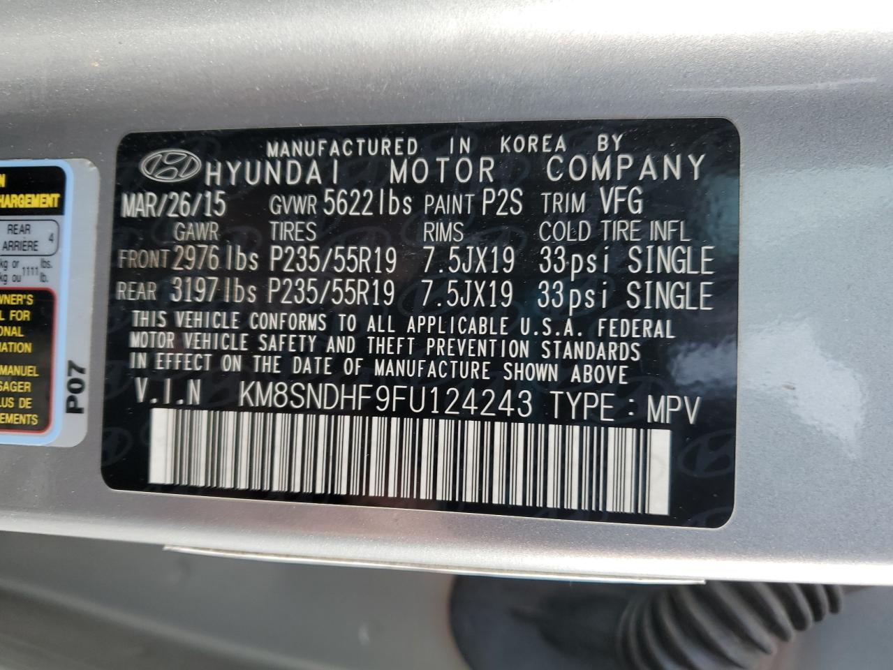 KM8SNDHF9FU124243 2015 Hyundai Santa Fe Gls