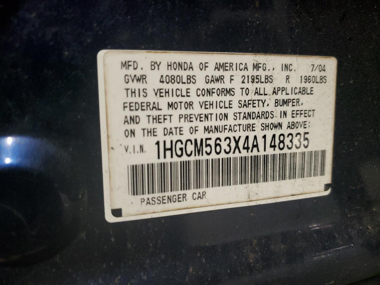 2004 Honda Accord Lx VIN: 1HGCM563X4A148335 Lot: 37299354