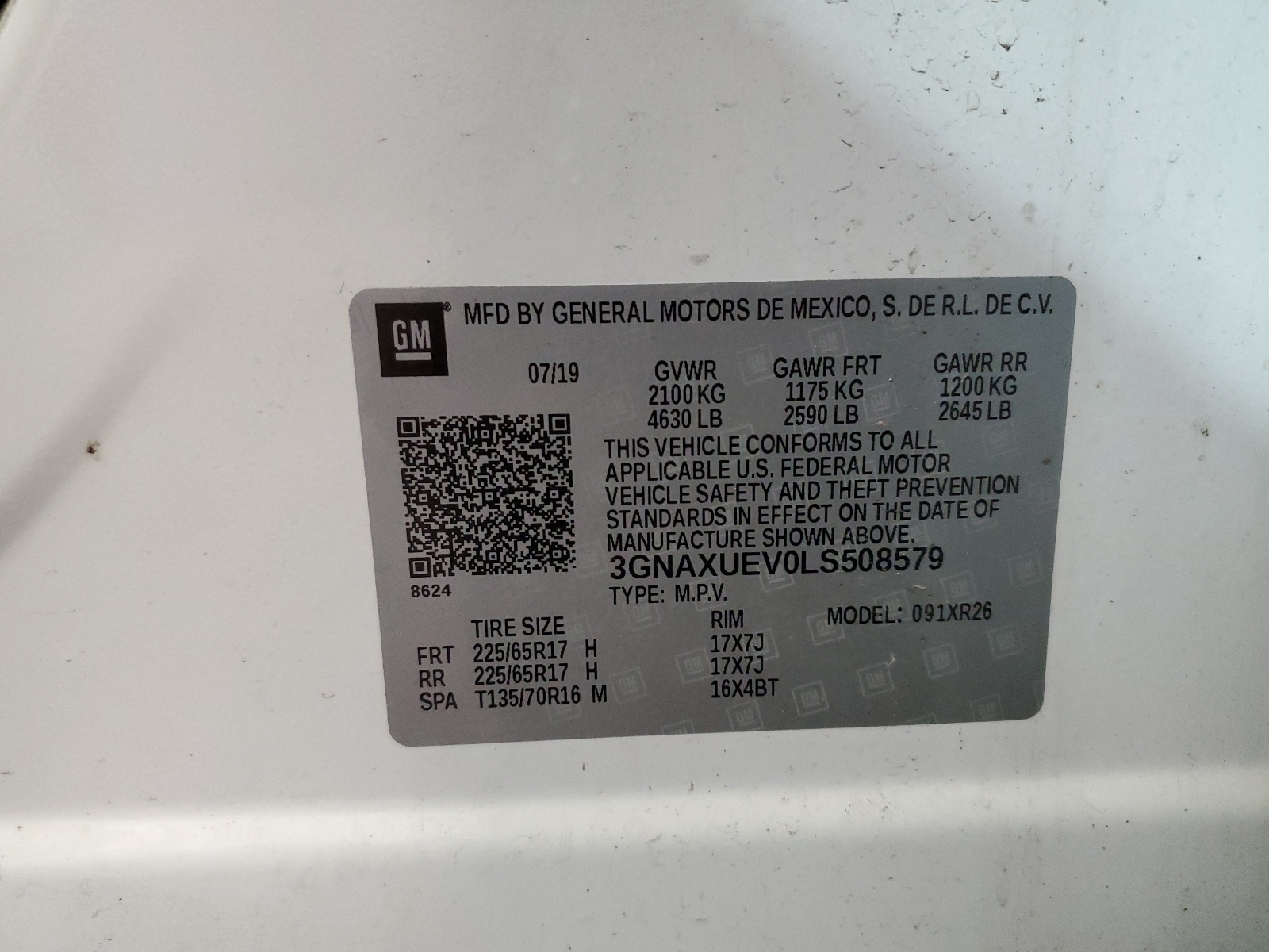 3GNAXUEV0LS508579 2020 Chevrolet Equinox Lt