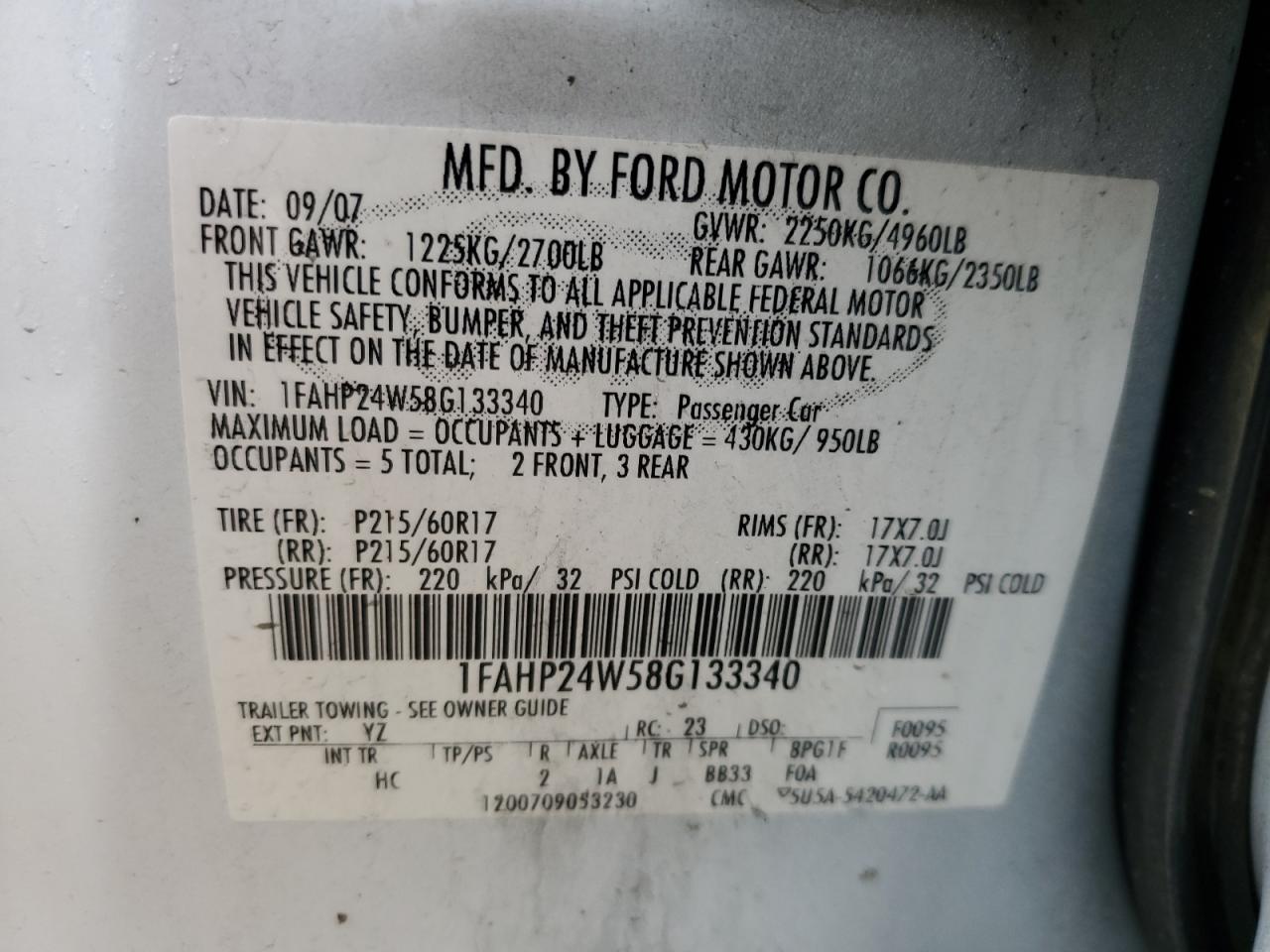 2008 Ford Taurus Sel VIN: 1FAHP24W58G133340 Lot: 54245864