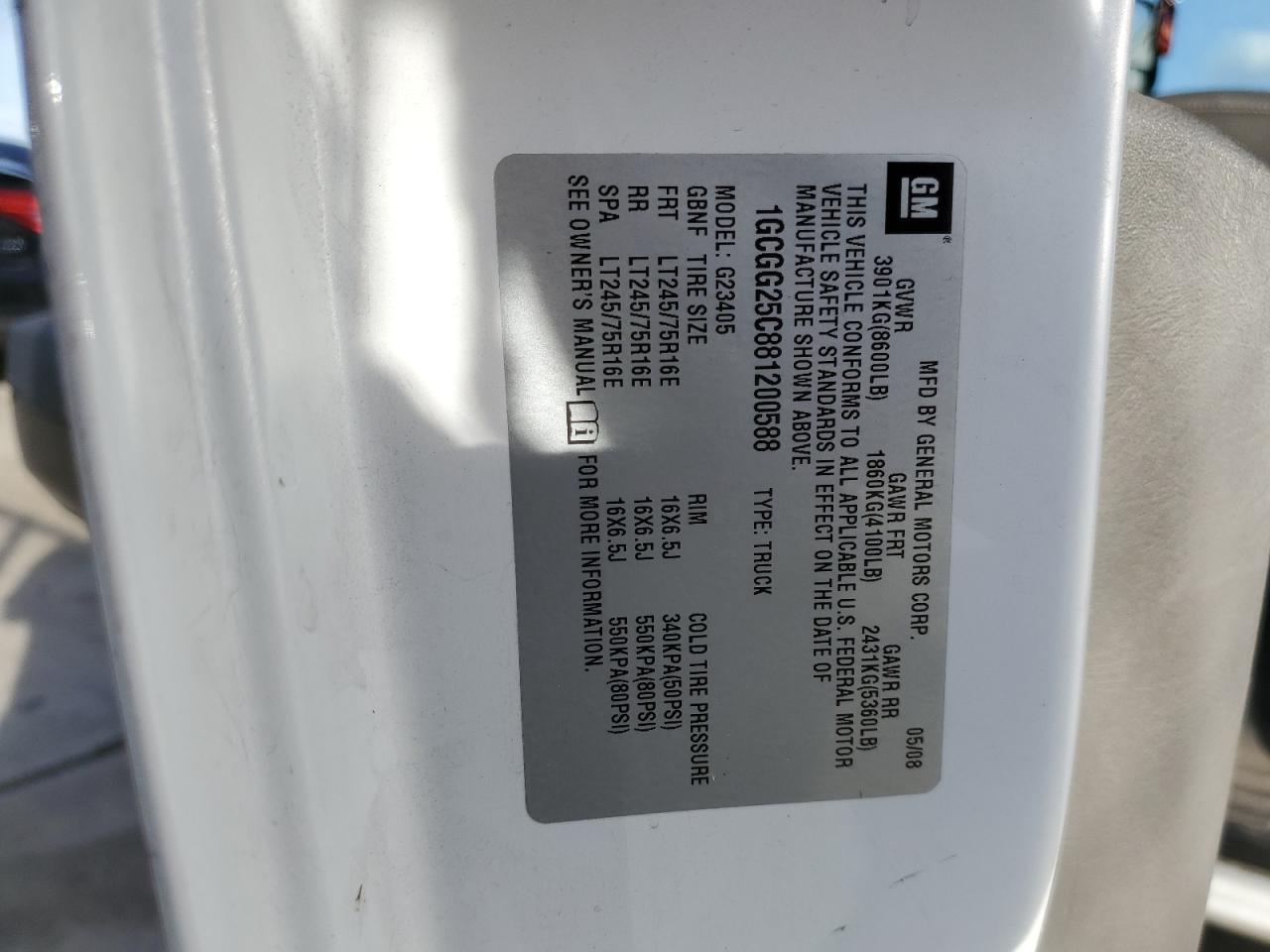 2008 Chevrolet Express G2500 VIN: 1GCGG25C881200588 Lot: 37281264