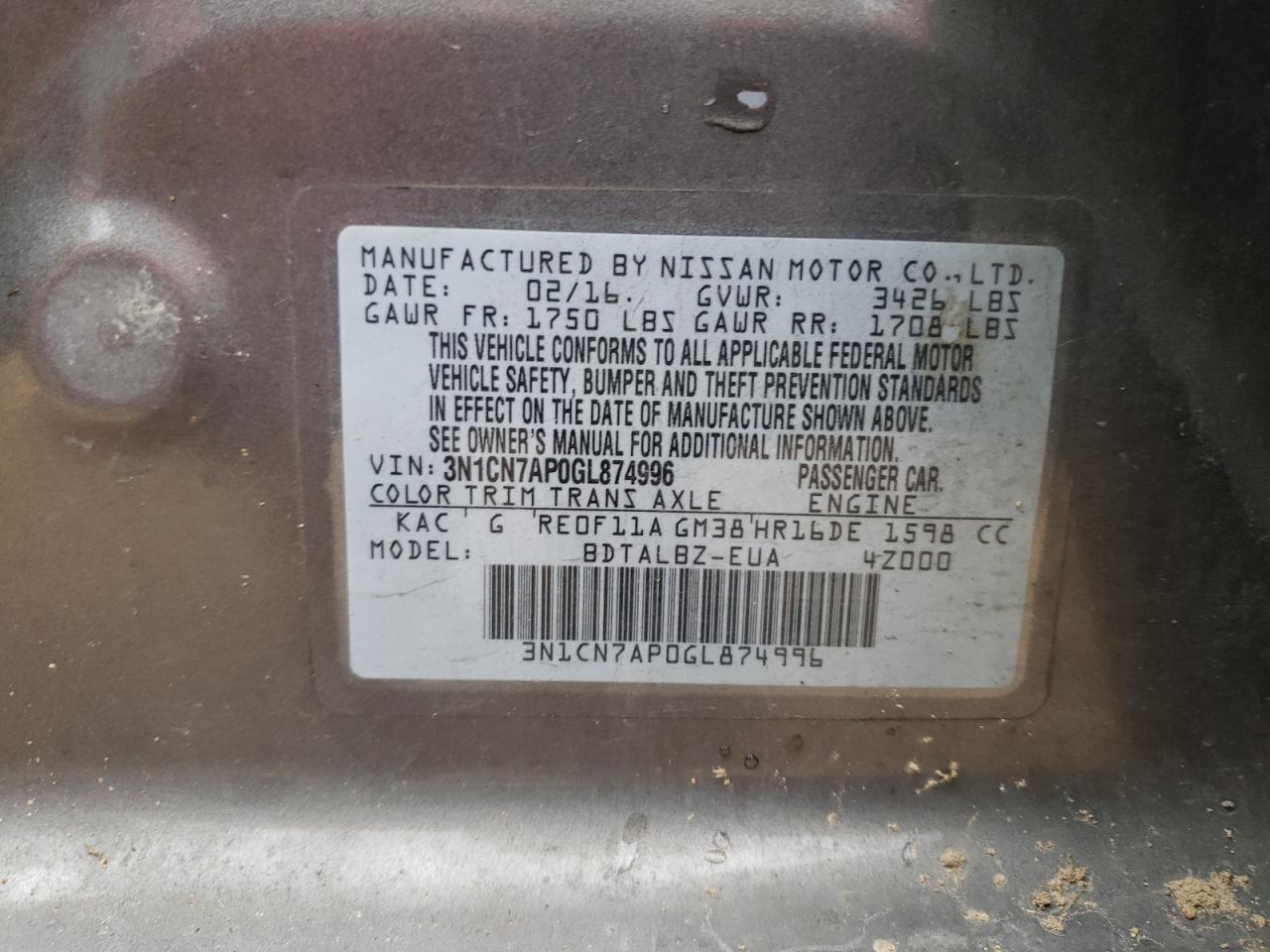 2016 Nissan Versa S VIN: 3N1CN7AP0GL874996 Lot: 36802144