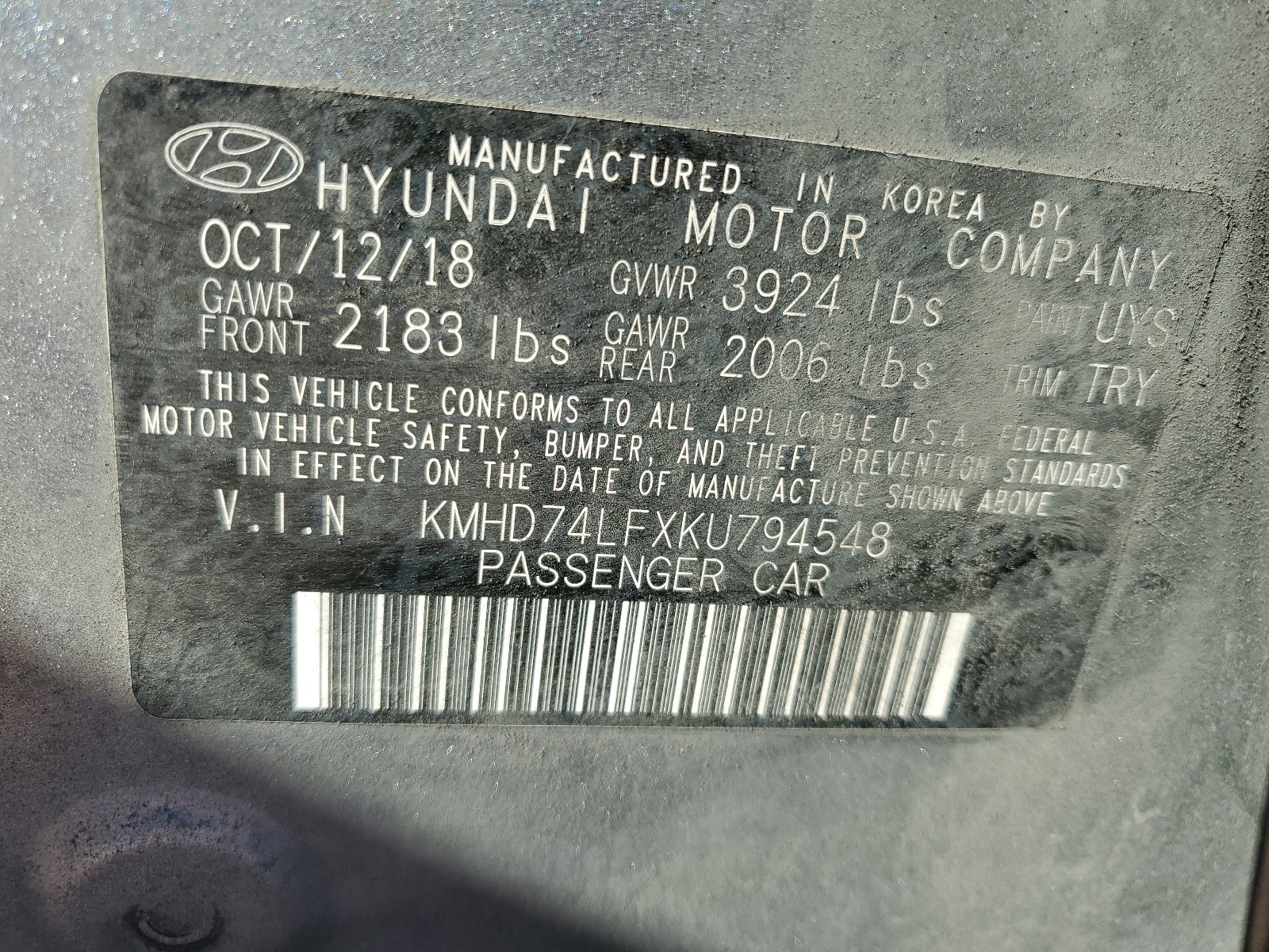 KMHD74LFXKU794548 2019 Hyundai Elantra Se