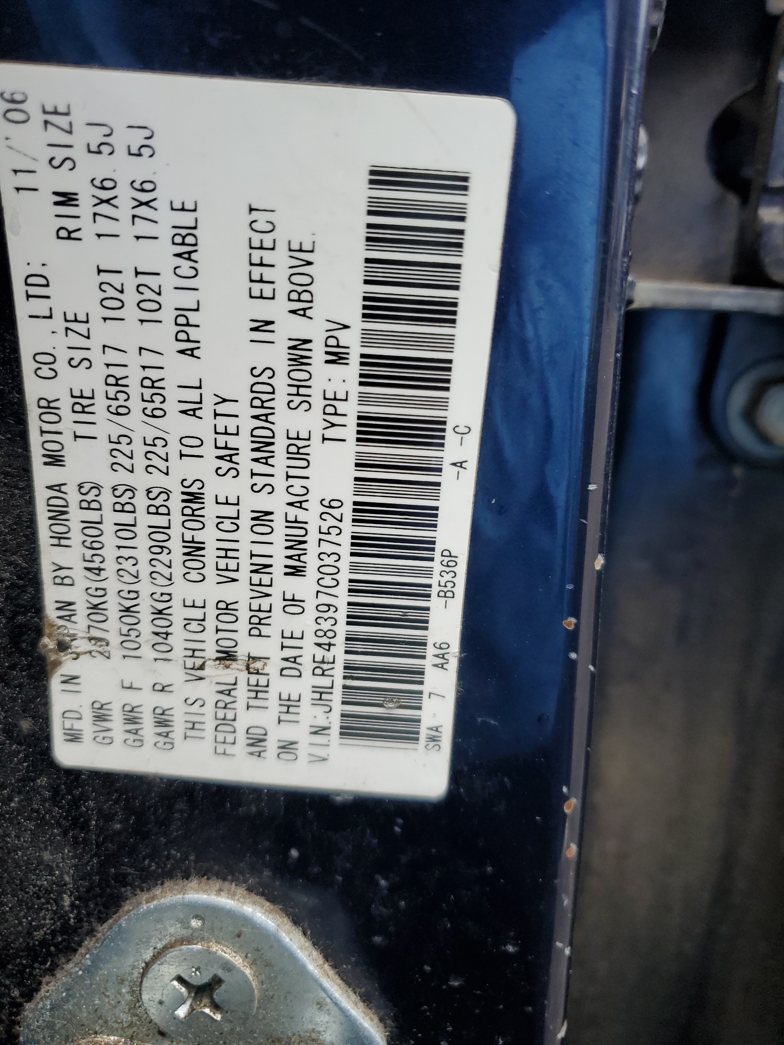 JHLRE48397C037526 2007 Honda Cr-V Lx