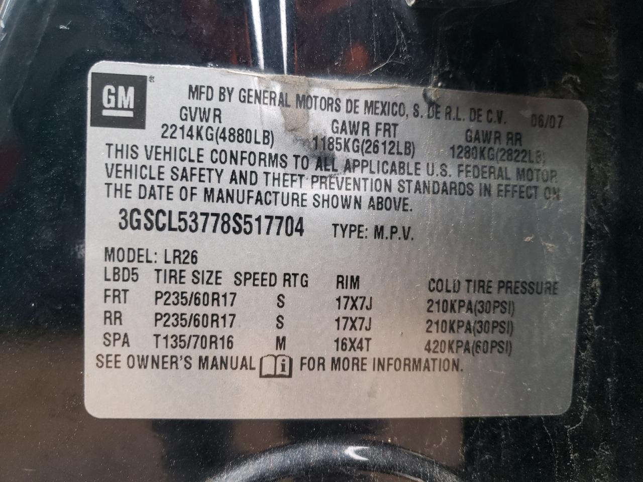 2008 Saturn Vue Xr VIN: 3GSCL53778S517704 Lot: 58395074