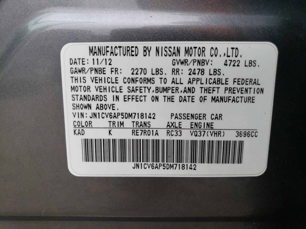 JN1CV6AP5DM718142 2013 Infiniti G37 Base