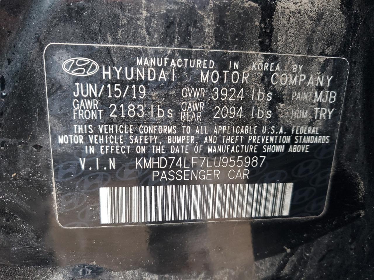 2020 Hyundai Elantra Se VIN: KMHD74LF7LU955987 Lot: 37599334