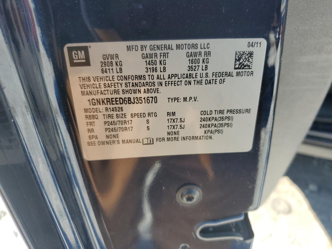 2011 Chevrolet Traverse Ls VIN: 1GNKREED6BJ351670 Lot: 38527404