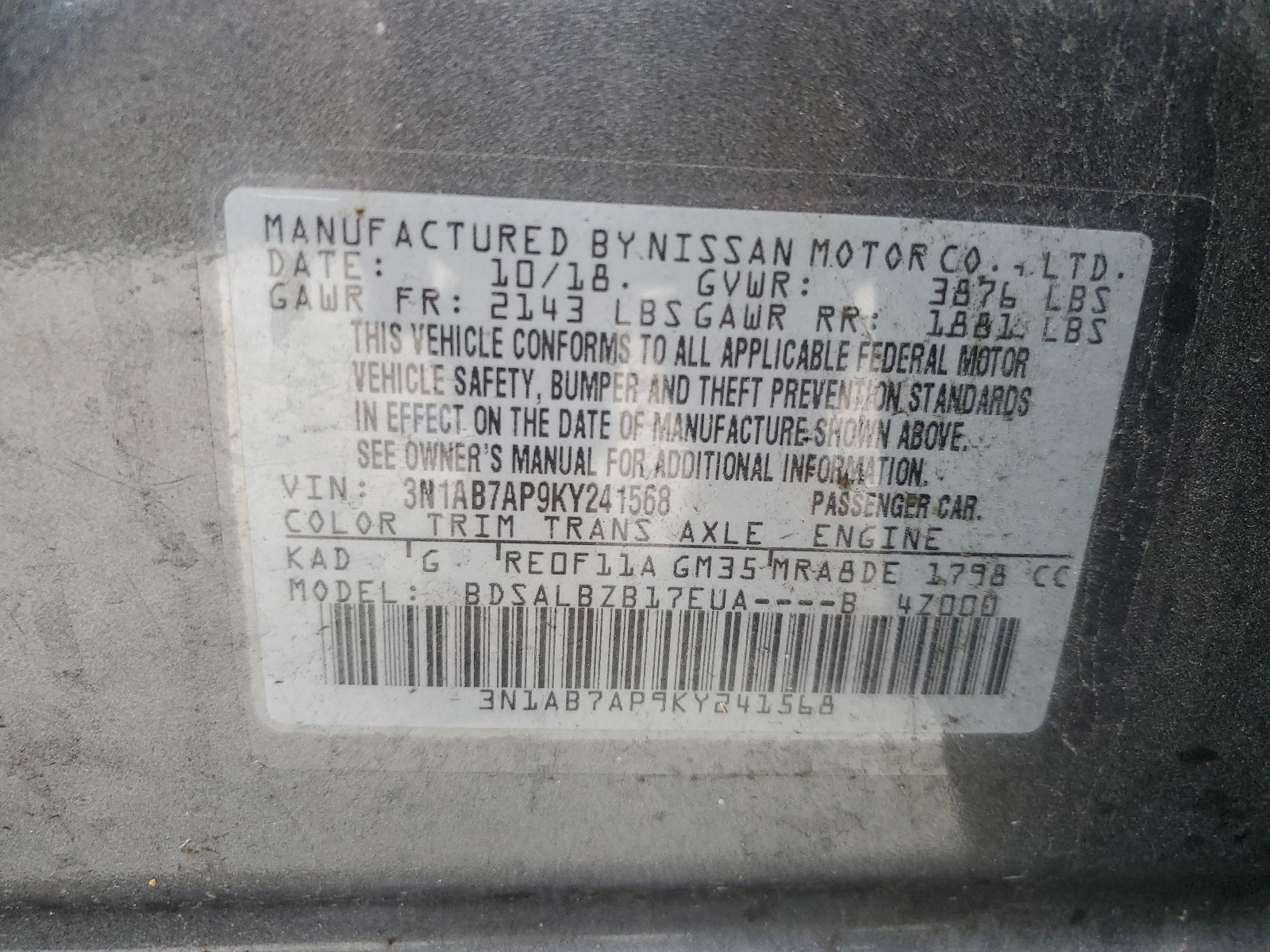 3N1AB7AP9KY241568 2019 Nissan Sentra S