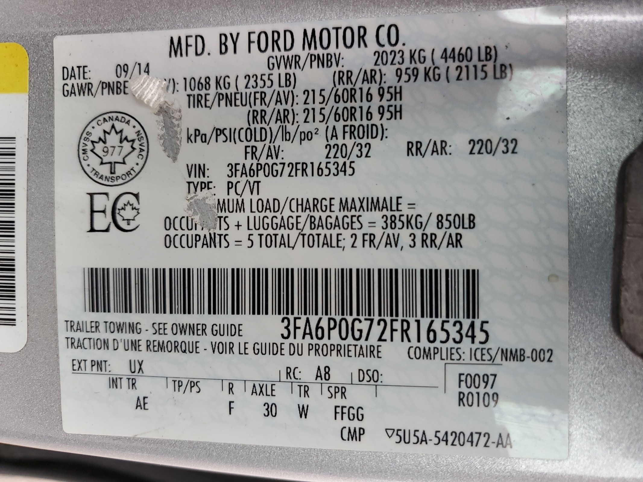 3FA6P0G72FR165345 2015 Ford Fusion S