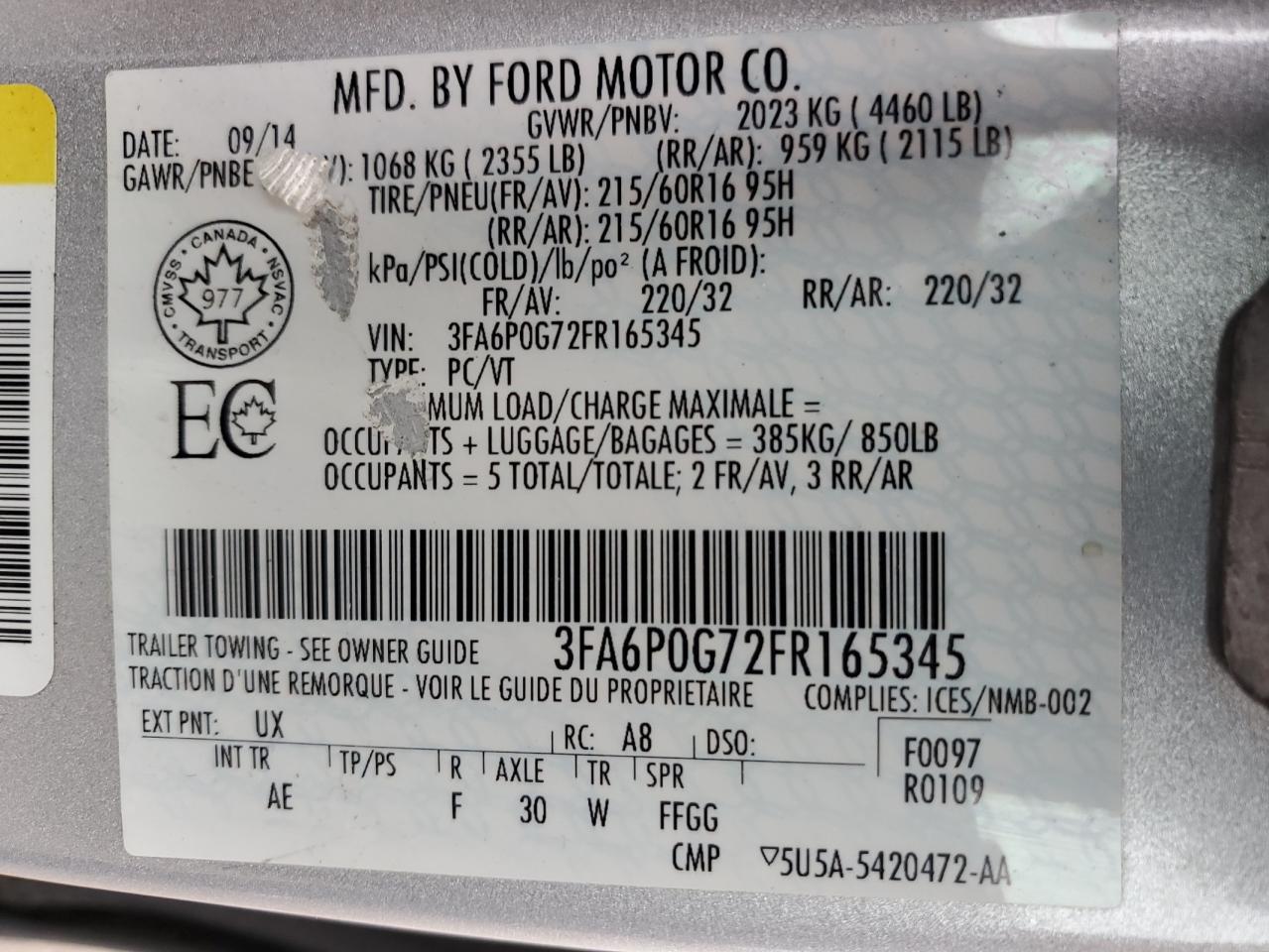 2015 Ford Fusion S VIN: 3FA6P0G72FR165345 Lot: 40400624