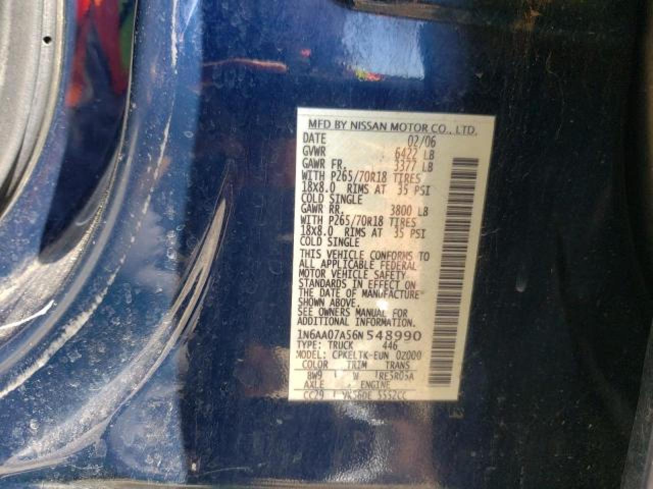 2006 Nissan Titan Xe VIN: 1N6AA07A56N548990 Lot: 38490574