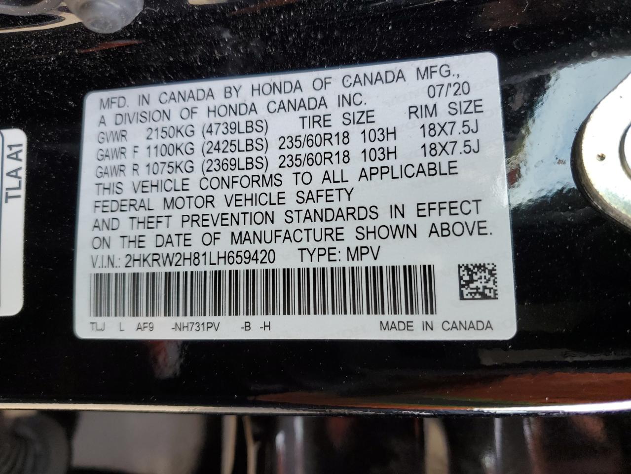 2HKRW2H81LH659420 2020 Honda Cr-V Exl