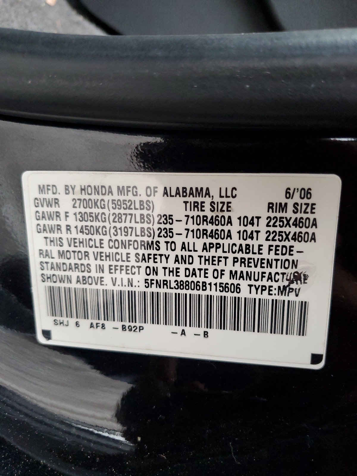 5FNRL38806B115606 2006 Honda Odyssey Touring