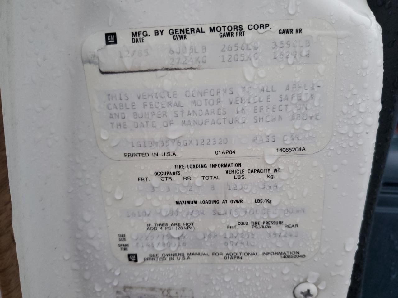 1986 Chevrolet Caprice Classic VIN: 1G1BN35Y6GX122320 Lot: 39204264