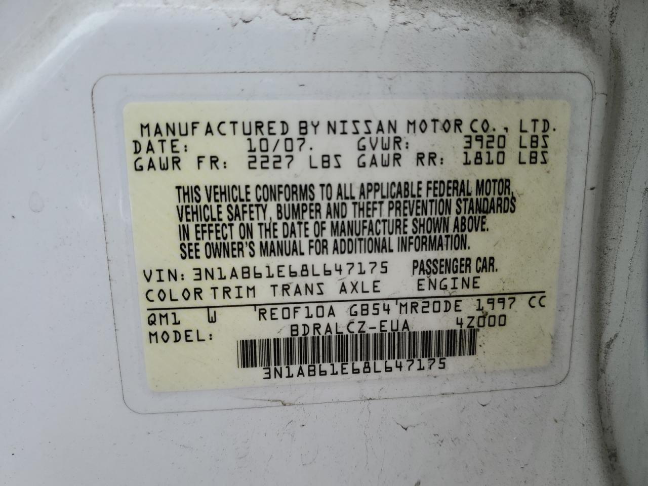 2008 Nissan Sentra 2.0 VIN: 3N1AB61E68L647175 Lot: 73592254