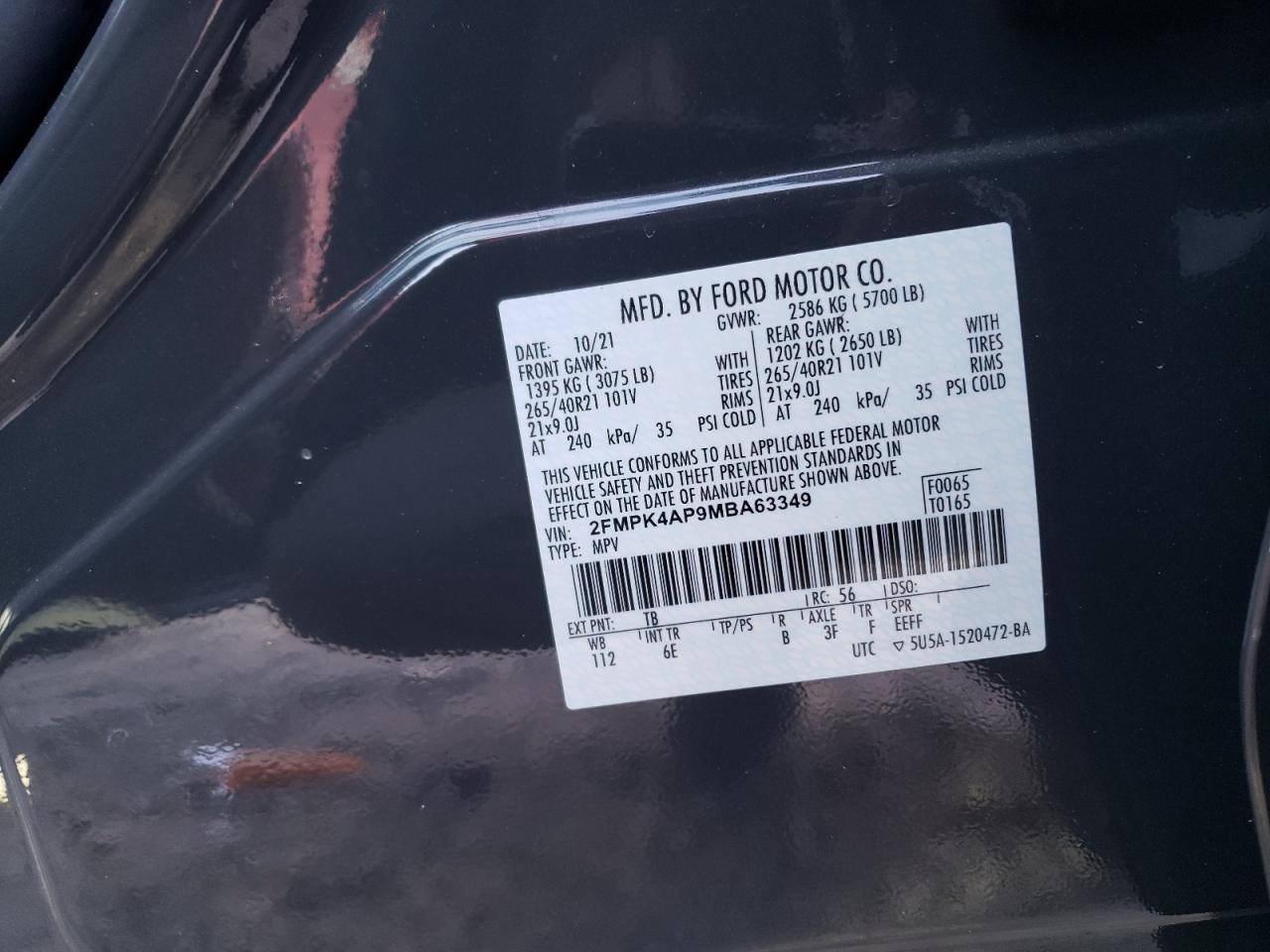 2021 Ford Edge St VIN: 2FMPK4AP9MBA63349 Lot: 38886134