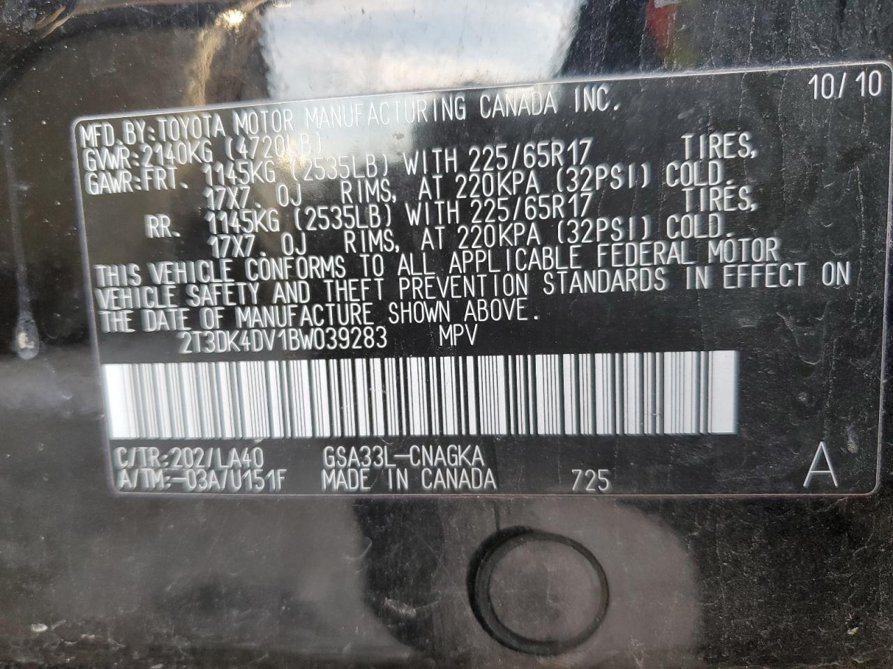 2011 Toyota Rav4 Limited VIN: 2T3DK4DV1BW039283 Lot: 38951934