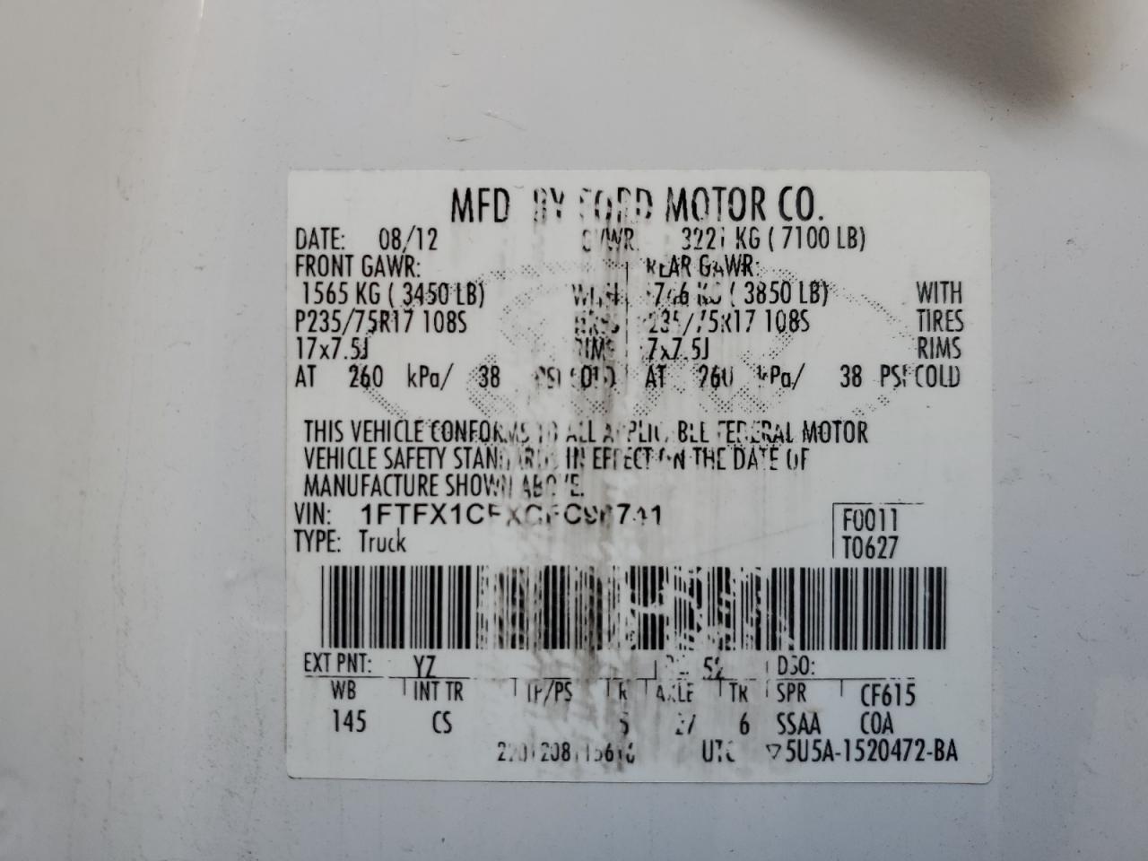 2012 Ford F150 Super VIN: 1FTFX1CFXCFC96741 Lot: 50309835