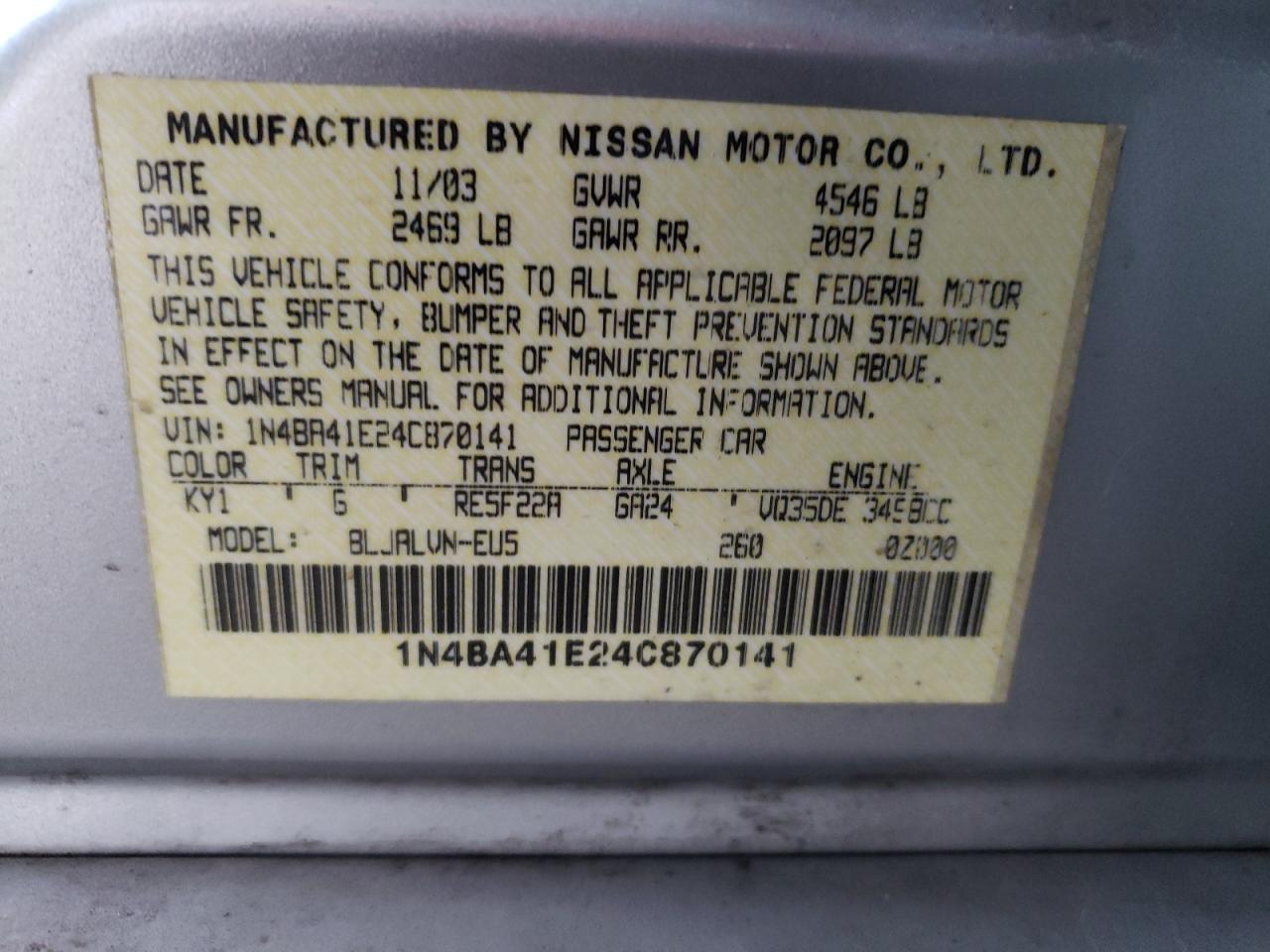 1N4BA41E24C870141 2004 Nissan Maxima Se