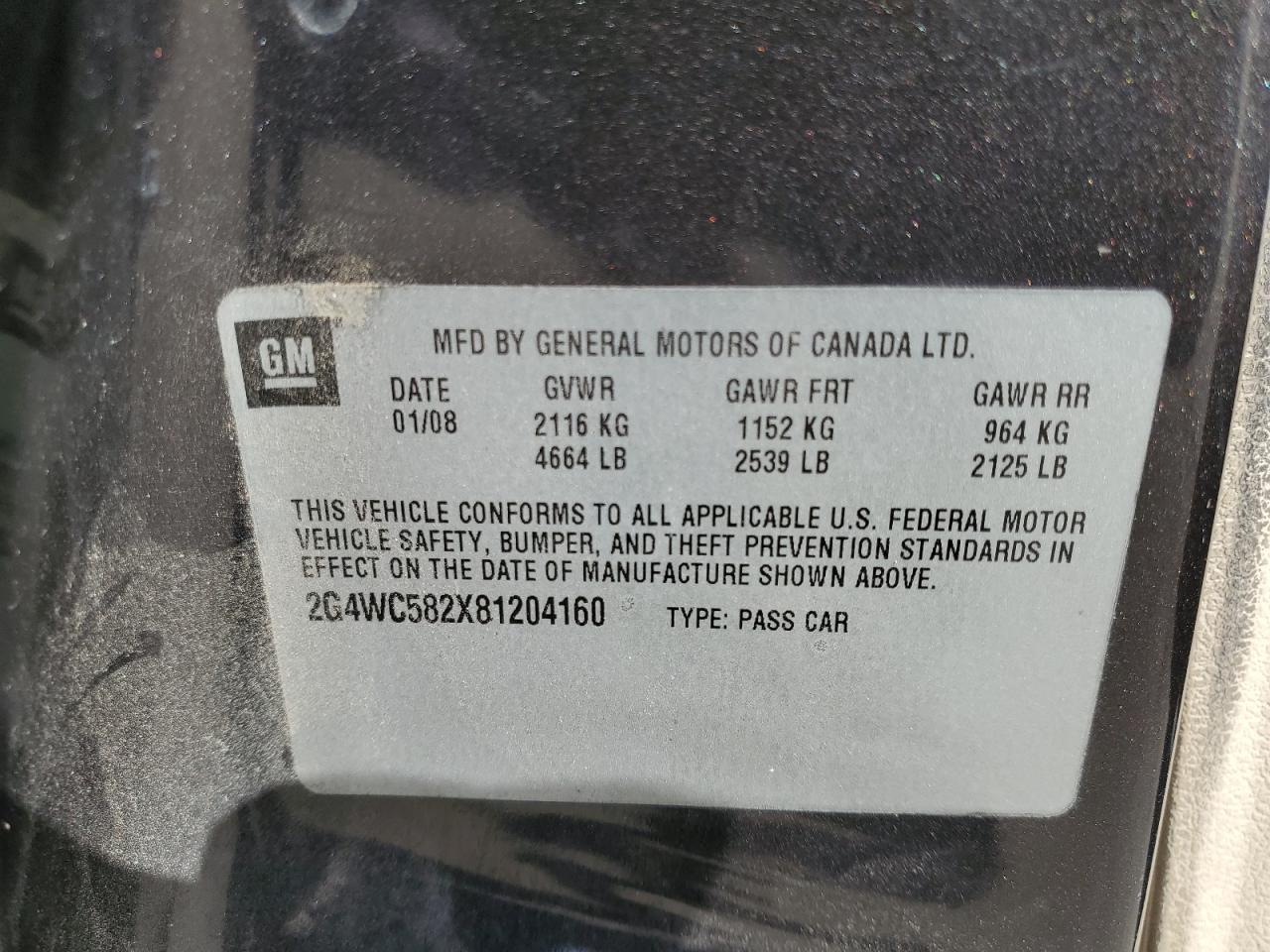 2008 Buick Lacrosse Cx VIN: 2G4WC582X81204160 Lot: 37670064