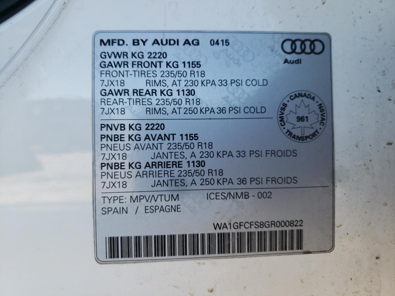 WA1GFCFS8GR000822 2016 Audi Q3 Prestige