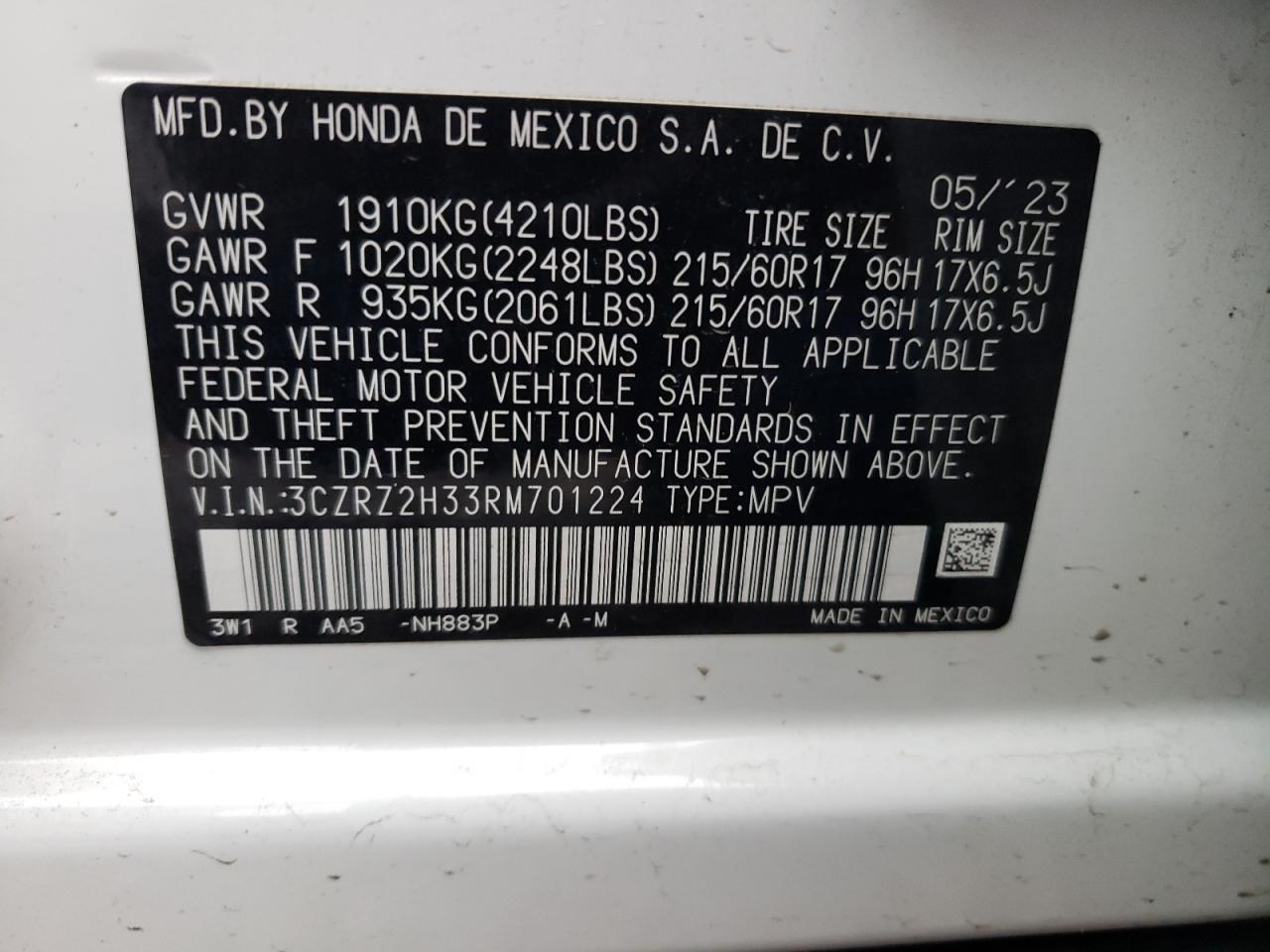 2024 Honda Hr-V Lx VIN: 3CZRZ2H33RM701224 Lot: 40658154