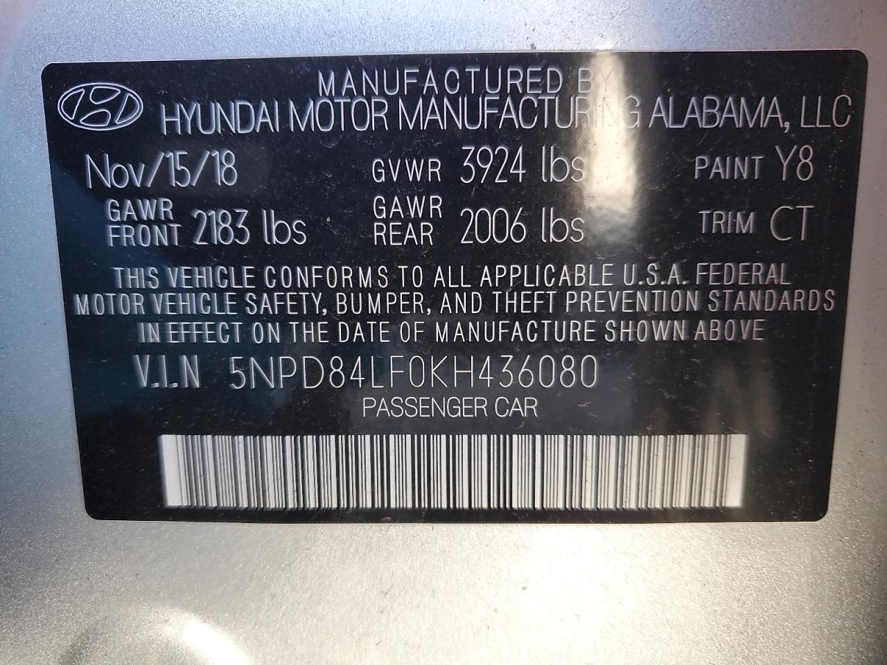 5NPD84LF0KH436080 2019 Hyundai Elantra Sel