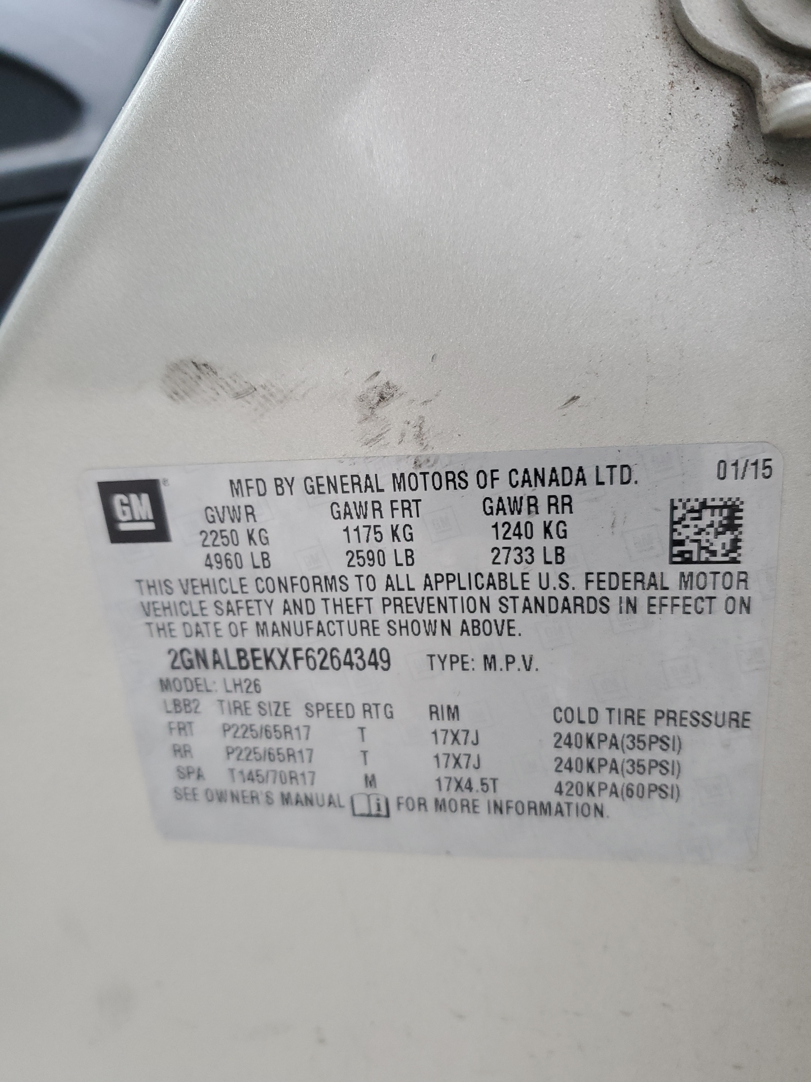 2GNALBEKXF6264349 2015 Chevrolet Equinox Lt