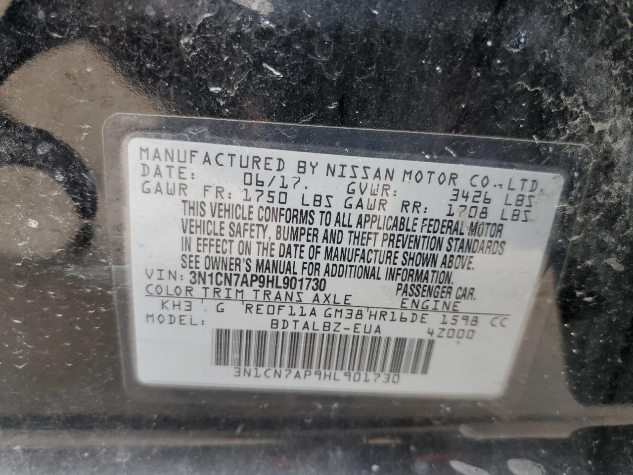 2017 Nissan Versa S VIN: 3N1CN7AP9HL901730 Lot: 38359864