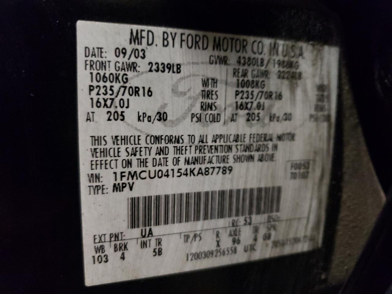 2004 Ford Escape Limited VIN: 1FMCU04154KA87789 Lot: 38234004