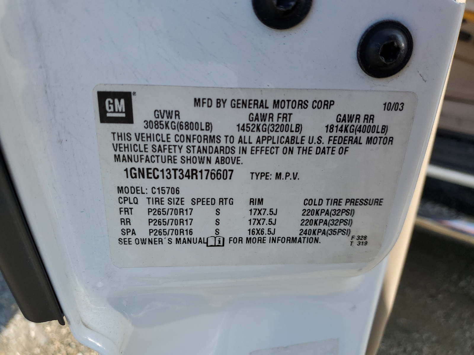 1GNEC13T34R176607 2004 Chevrolet Tahoe C1500