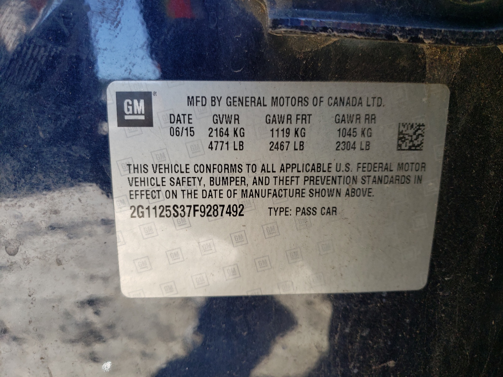 2G1125S37F9287492 2015 Chevrolet Impala Lt