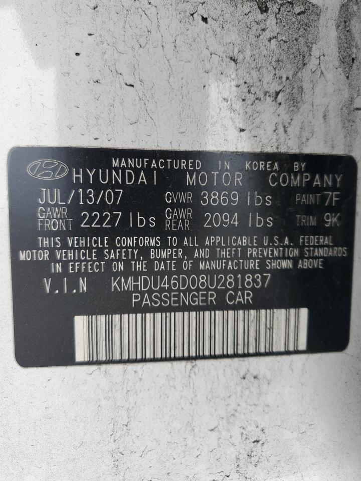 2008 Hyundai Elantra Gls VIN: KMHDU46D08U281837 Lot: 36859904