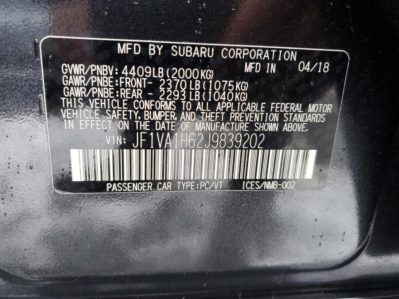 JF1VA1H62J9839202 2018 Subaru Wrx Limited