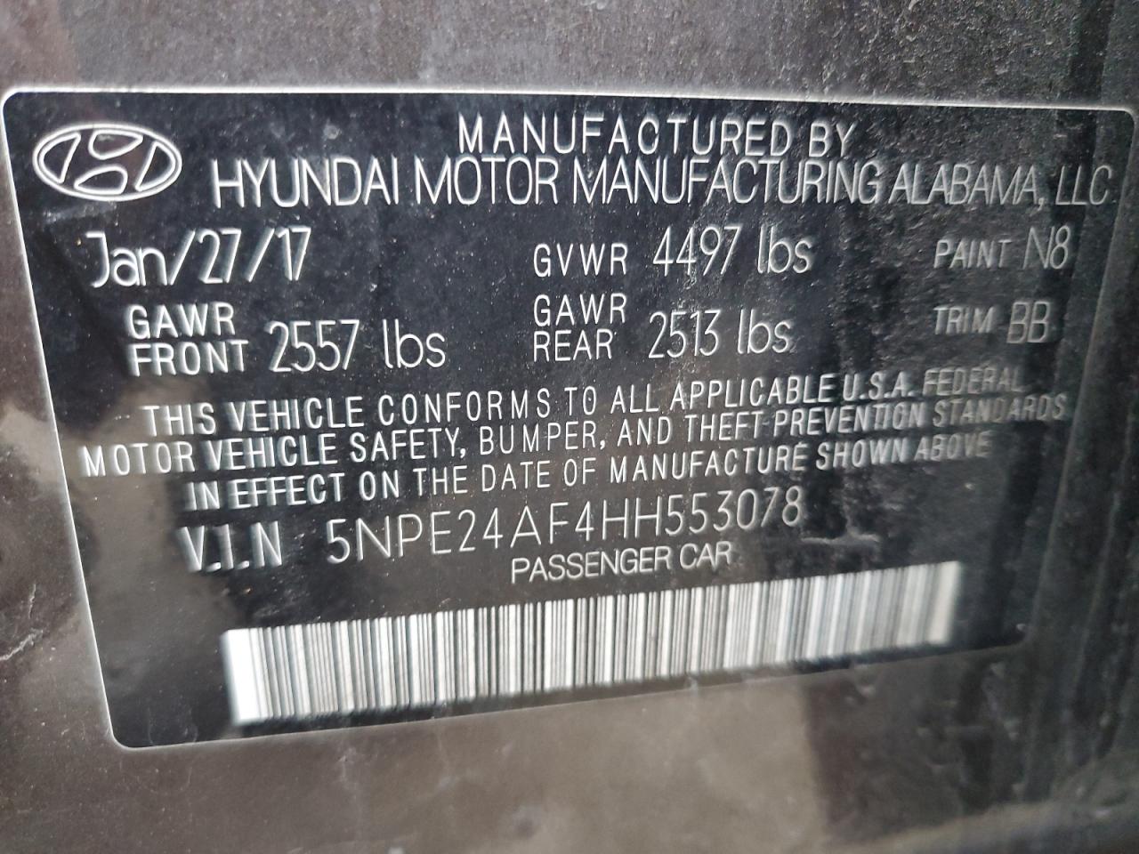 5NPE24AF4HH553078 2017 Hyundai Sonata Se