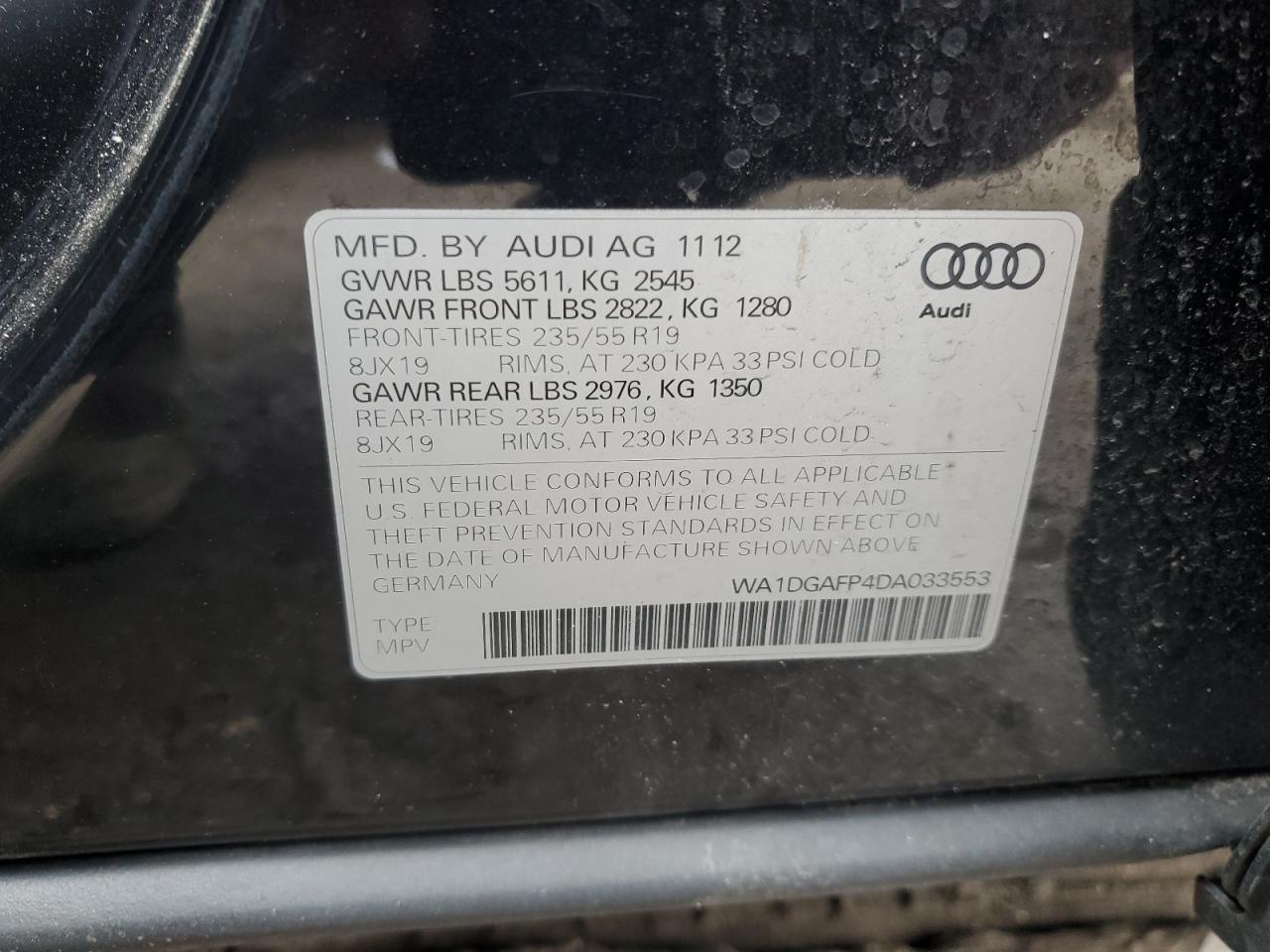 2013 Audi Q5 Premium Plus VIN: WA1DGAFP4DA033553 Lot: 37457104