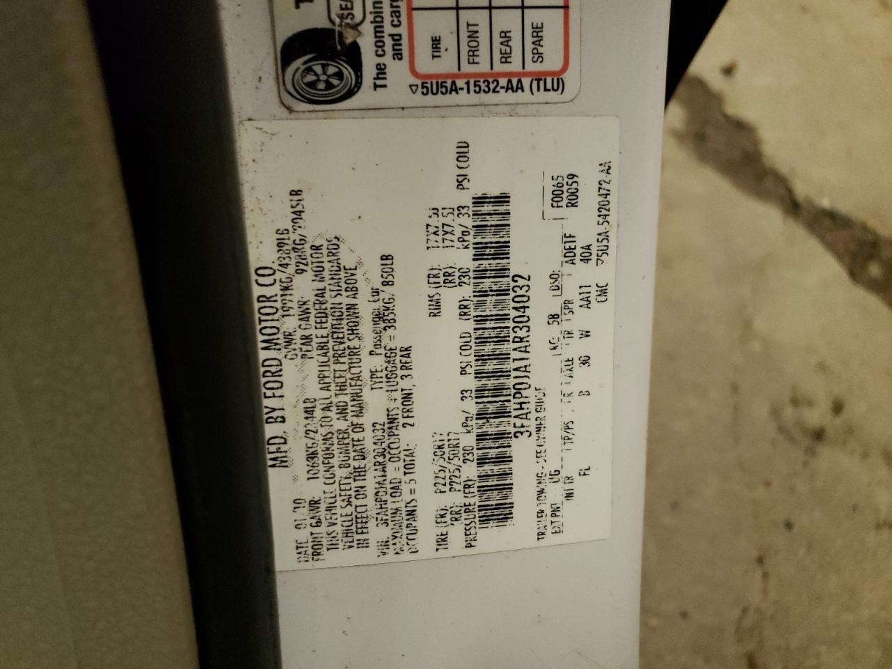 2010 Ford Fusion Sel VIN: 3FAHP0JA1AR304032 Lot: 37514984