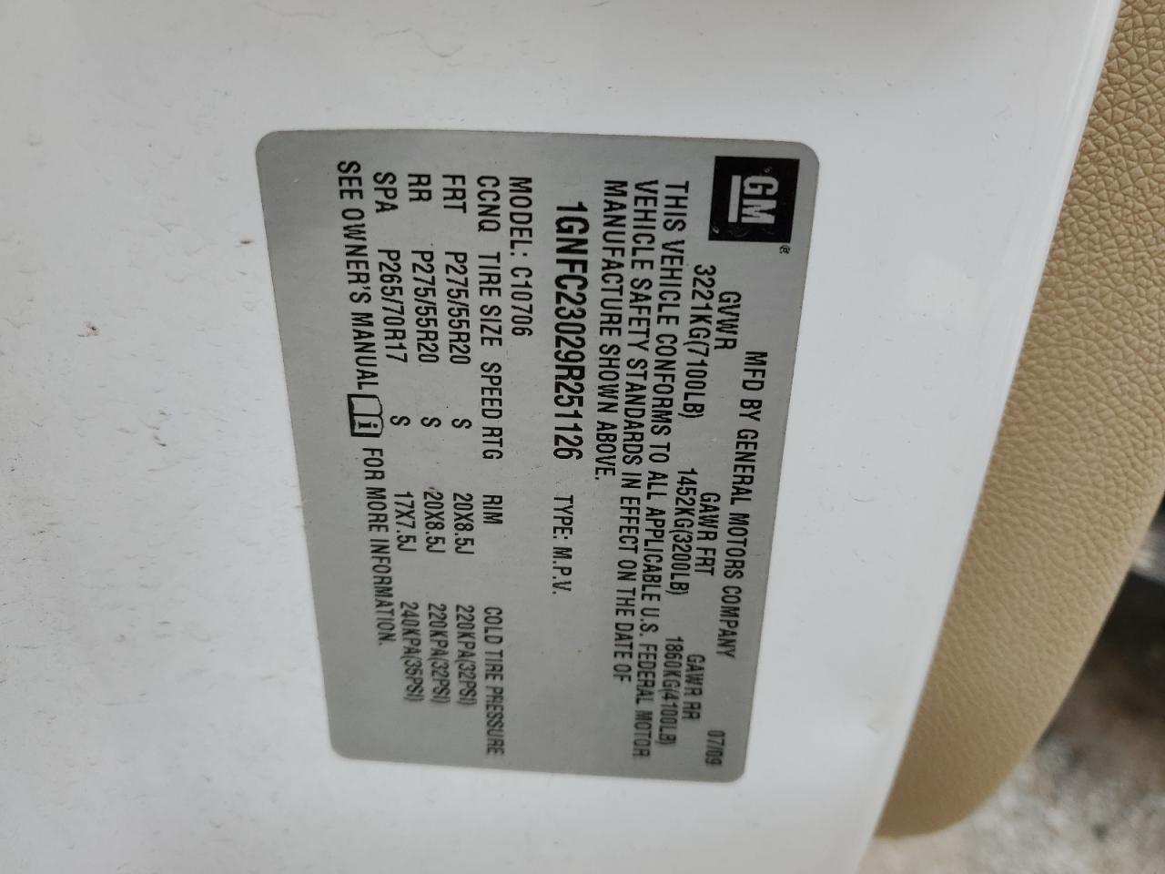 2009 Chevrolet Tahoe C1500 Lt VIN: 1GNFC23029R251126 Lot: 40458364