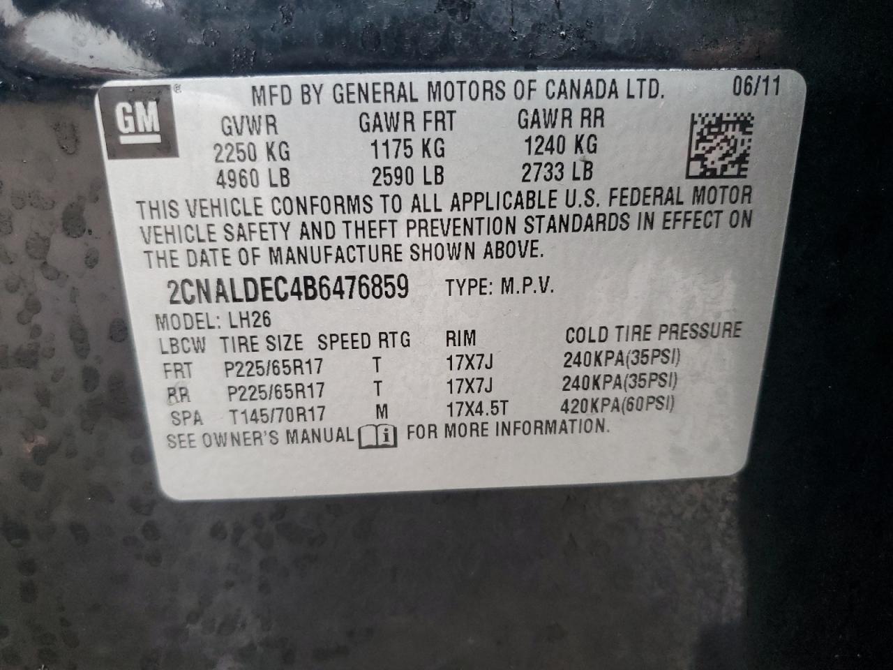 2011 Chevrolet Equinox VIN: 2GNALDEC4B6476859 Lot: 40416814