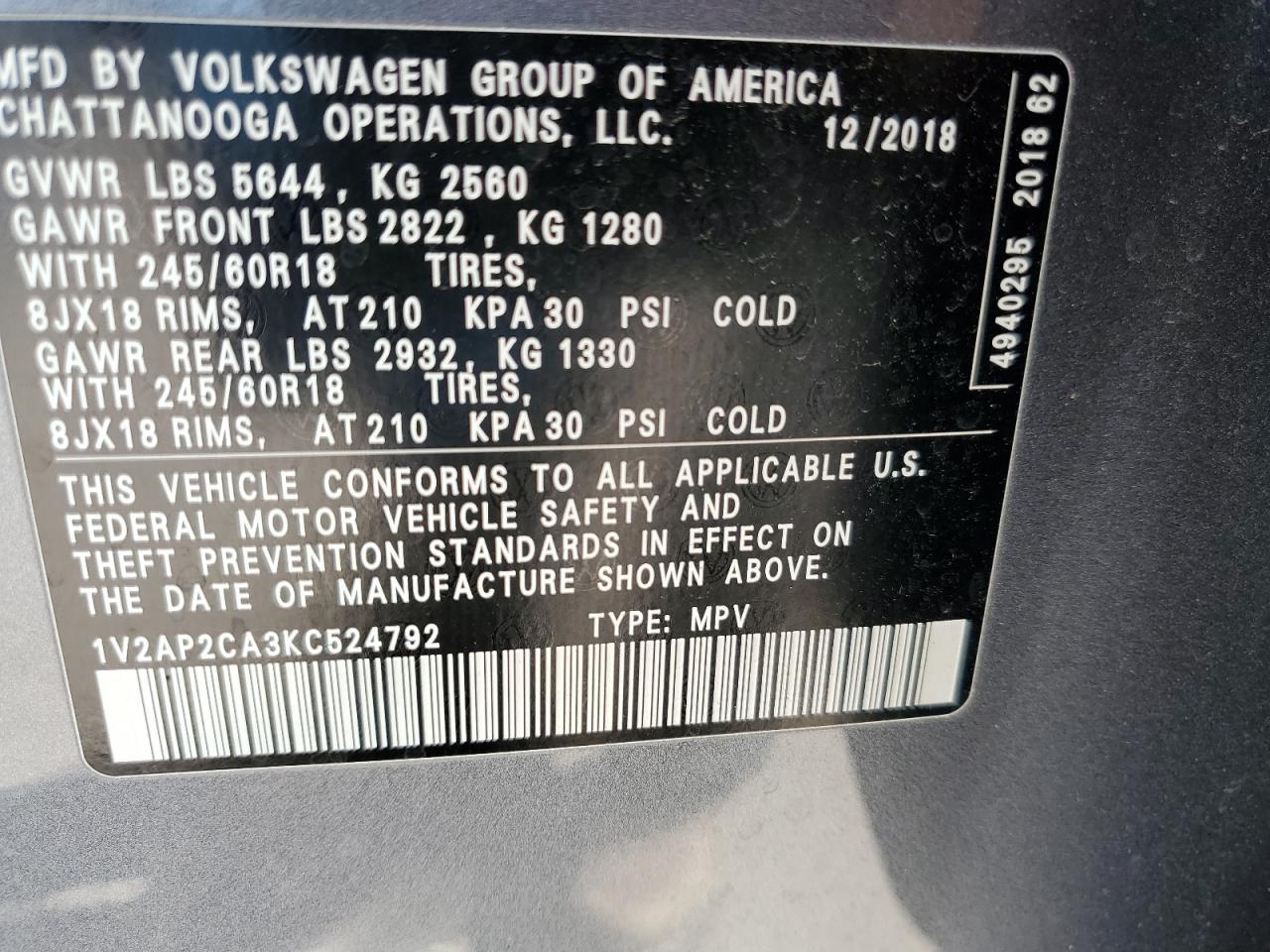 1V2AP2CA3KC524792 2019 VOLKSWAGEN ATLAS - Image 12