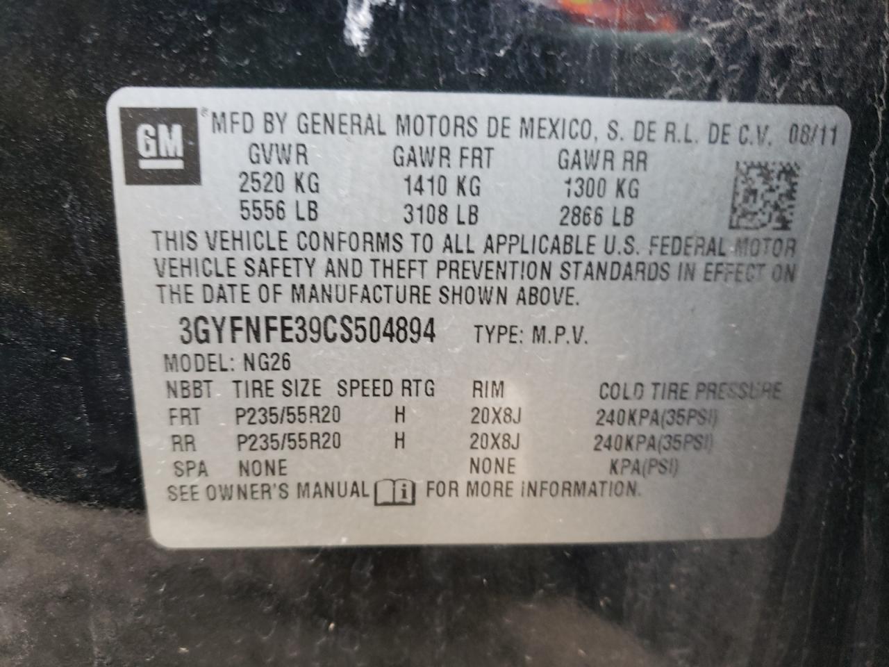 2012 Cadillac Srx Premium Collection VIN: 3GYFNFE39CS504894 Lot: 82911433