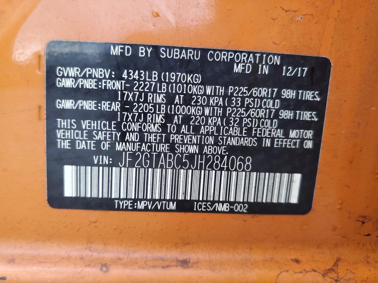 JF2GTABC5JH284068 2018 Subaru Crosstrek Premium