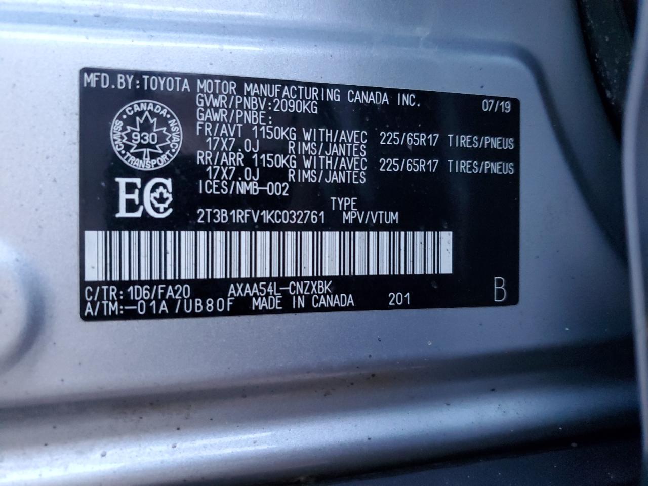 2019 Toyota Rav4 Le VIN: 2T3B1RFV1KC032761 Lot: 40803694