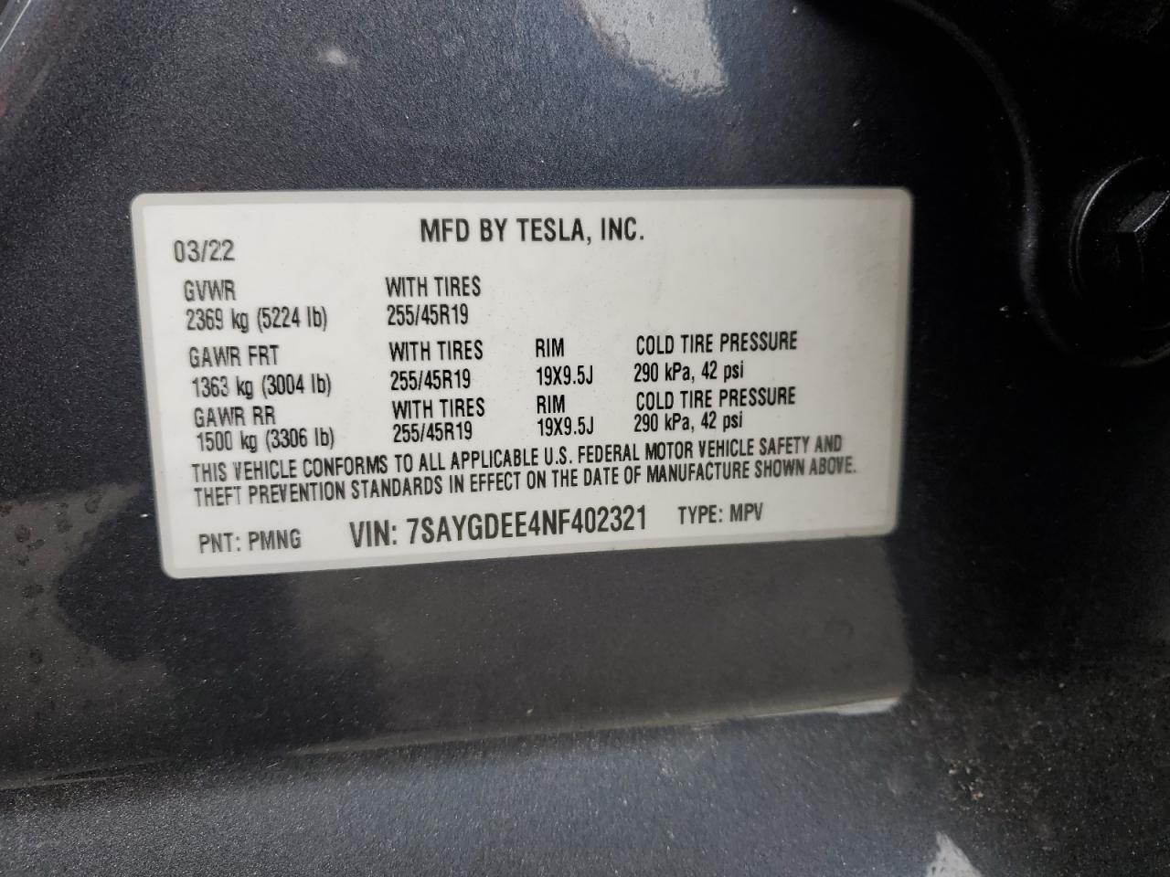 2022 Tesla Model Y VIN: 7SAYGDEE4NF402321 Lot: 39010134