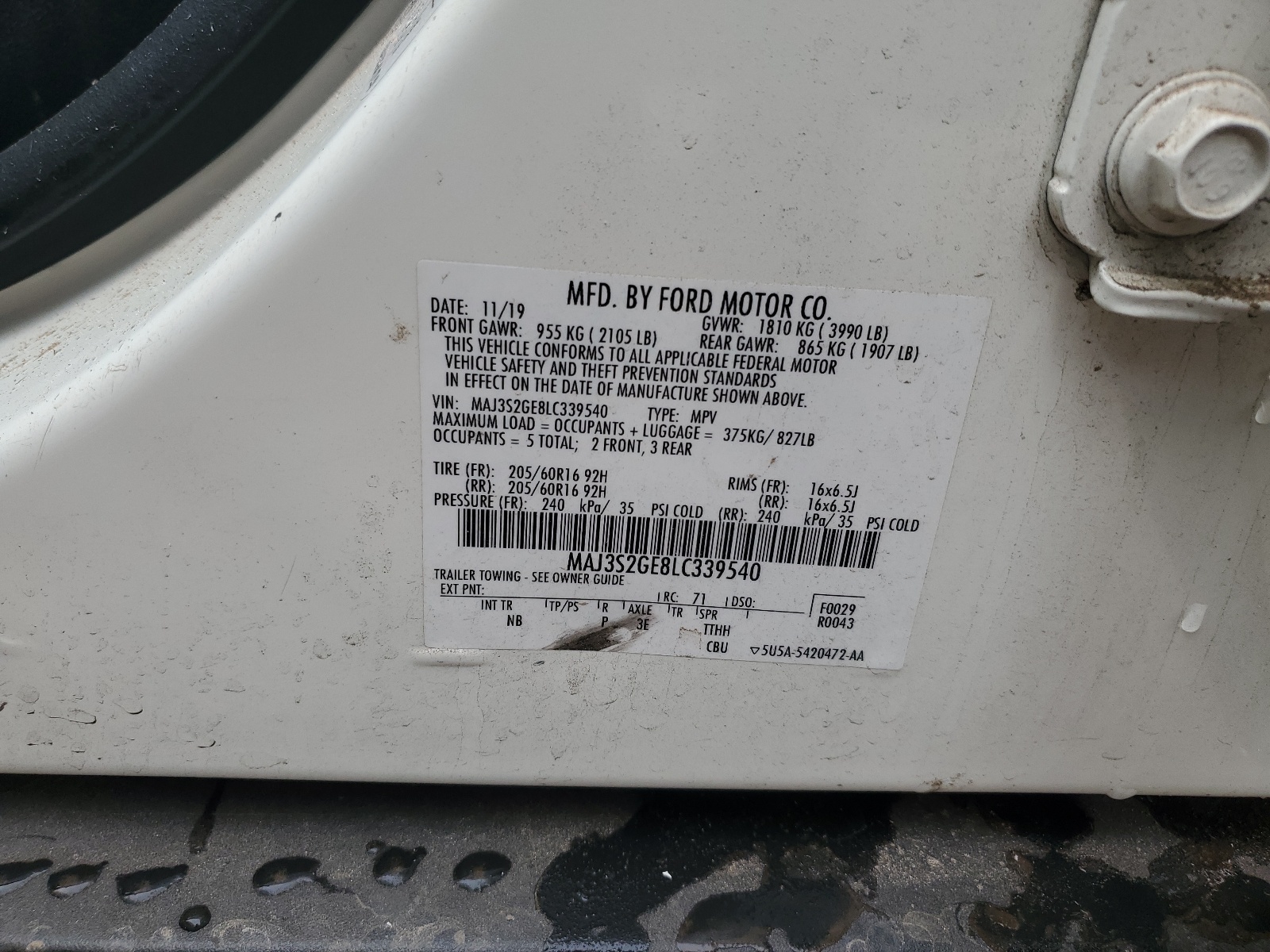 MAJ3S2GE8LC339540 2020 Ford Ecosport Se