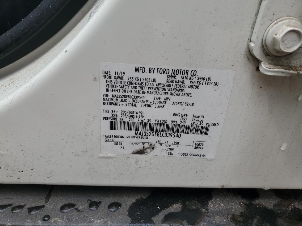 2020 Ford Ecosport Se VIN: MAJ3S2GE8LC339540 Lot: 39361904